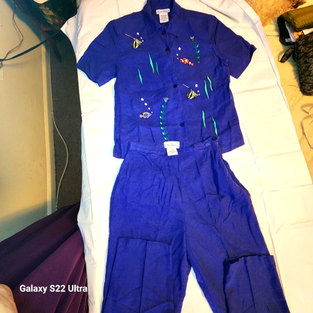 NY Designer Linen Blue Pantsuit Sz 10 Embroidery Beach Nautical Casual Gorpcore